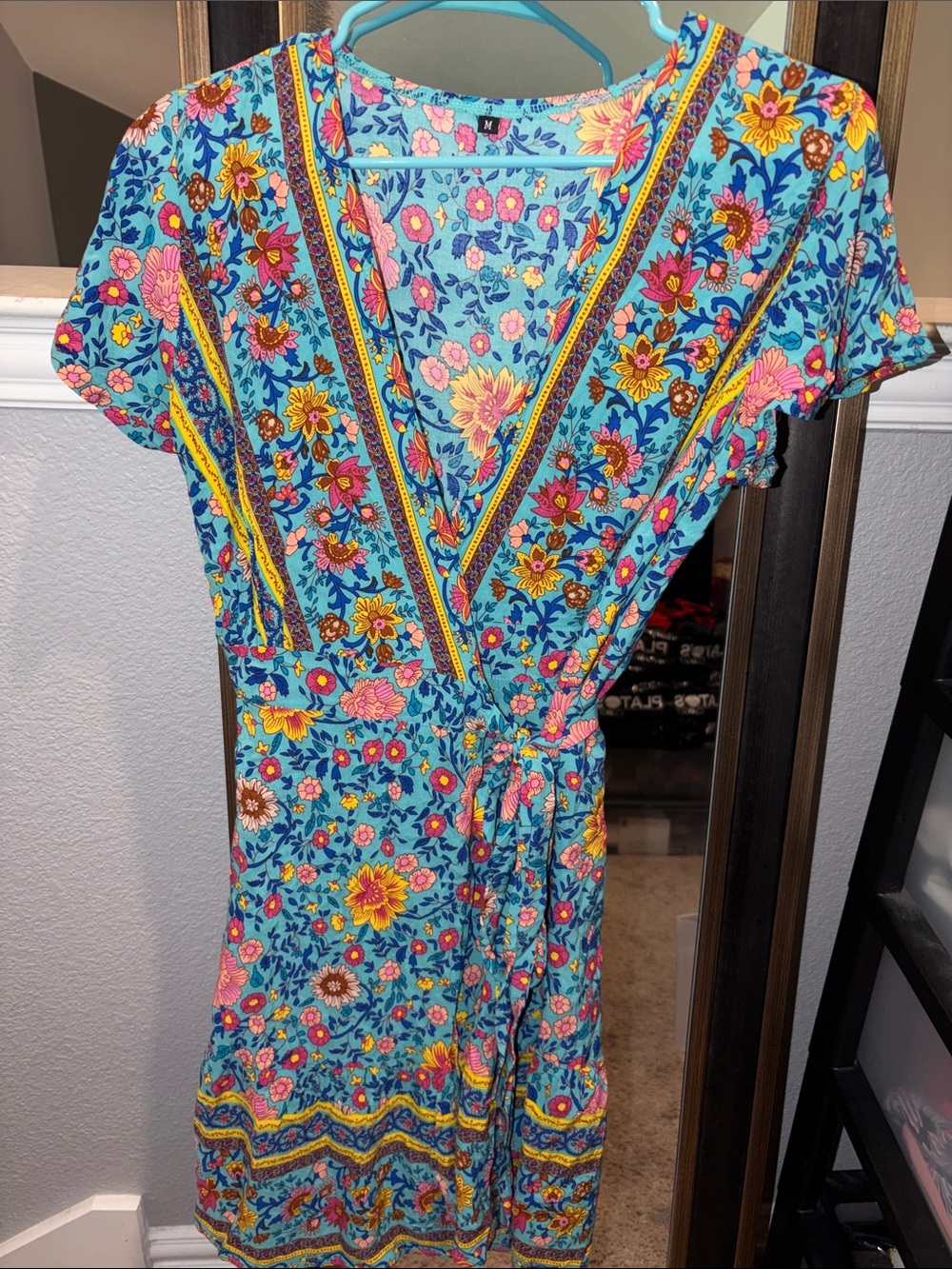 Blue Floral Wrap Dress with Pink & Yellow Accents
